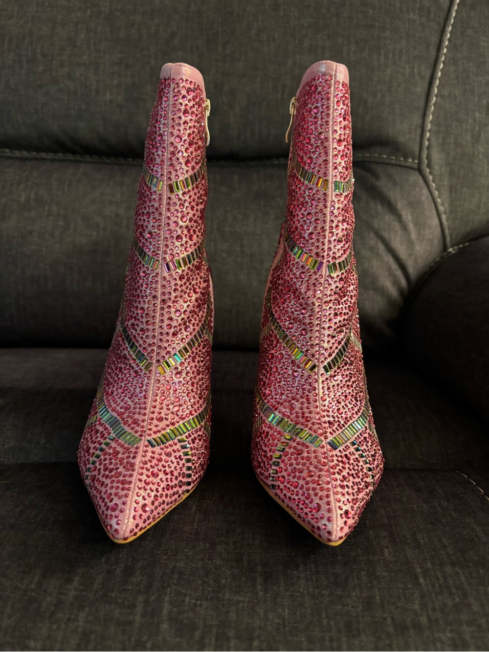 Women’s Pink and Crystal Studded Stiletto Ankle Boots
Sizes 8
Size 9